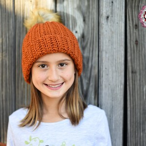 Child&#39;s pom pom hat - crochet faux fur pom pom hat - crochet women&#39;s and children sized ribbed beanie hat - winter hat with pom pom