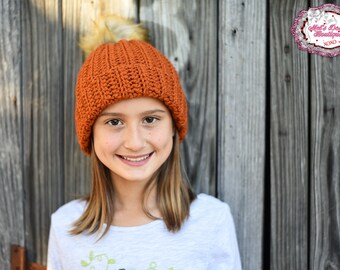 Child's pom pom hat - crochet faux fur pom pom hat - crochet women's and children sized ribbed beanie hat - winter hat with pom pom