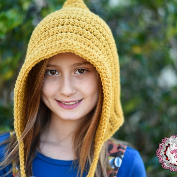 Crochet pixie hat with ties - winter hood - mustard pixie bonnet for girls and women