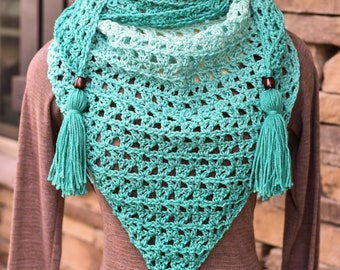 Crochet triangle scarf - women's crochet shawl - fiesta triangle scarf - crochet tassel scarf - ombre mint crochet scarf - winter scarf