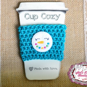 Crochet cup cozy, crochet travel cup cozy, cozie, coffee cozie, coffee cozy, christmas cozy, gift, crochet cozy, snowman , teal, travel cozy
