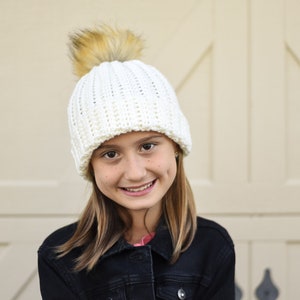 Child&#39;s pom pom hat - crochet faux fur pom pom hat - crochet women&#39;s and children sized ribbed beanie hat - winter hat with pom pom