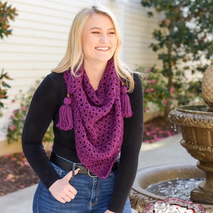 women&#39;s crochet winter triangle scarf - women&#39;s crochet purple shawl - fiesta triangle scarf - crochet tassel scarf