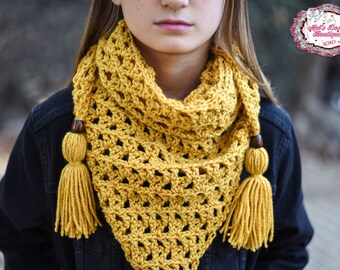 kids triangle scarf - crochet triangle winter scarf for kids - mustard scarf with tassels - kids fall accessories - gift for child
