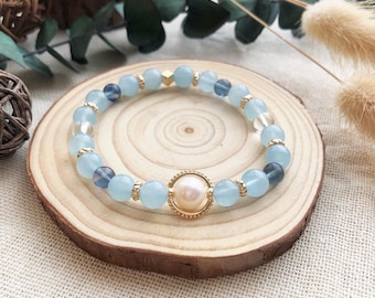 Armband med akvamarinpärlor｜Smycken med fluoritstenar｜Handgjort armband med blå kristaller｜Minimalistisk design med havsfärgad design