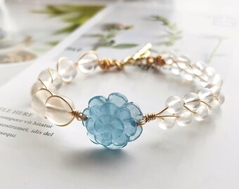 Armband med blå månsten och akvamarinblomma, trådlindade kristallsmycken, handgjort OT-spänne