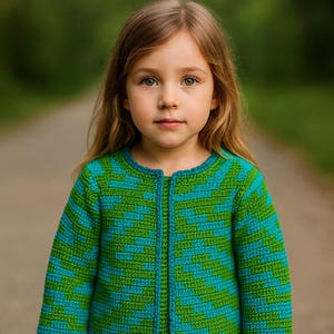 May include: A young person wearing a turquoise and green crochet cardigan. The cardigan features a geometric pattern and a round neckline. The background is blurred, suggesting an outdoor setting.