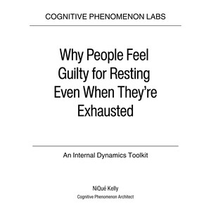 Op de afbeelding: Op een witte achtergrond staat de tekst "Why People Feel Guilty for Resting Even When They're Exhausted" in een vetgedrukte, schreefloze letter. Daaronder staat "An Internal Dynamics Toolkit." De naam van de auteur en zijn titel staan onderaan.