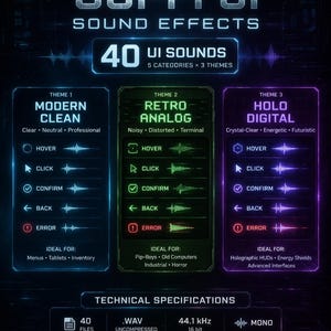 May include: A digital graphic advertising "SCI-FI UI SOUND EFFECTS" with 40 UI sounds across 5 categories and 3 themes. Themes include Modern Clean, Retro Analog, and Holo Digital. Technical specs include .WAV uncompressed files, 44.1 kHz, 16 bit, and mono.