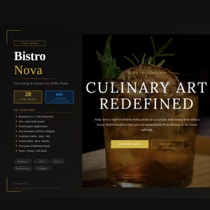 May include: A digital marketing graphic for Bistro Nova, an HTML theme for fine dining. The layout features a dark background with white and gold text, listing key features like Bootstrap 5.3.2, and a large image of a cocktail with the text CULINARY ART REDEFINED.