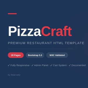 May include: A website design for PizzaCraft, a premium restaurant HTML template. The design features a dark blue background with white text, a pizza image, and a section showcasing signature pizzas. The text reads "THE REAL TASTE OF ITALIAN TRADITION."