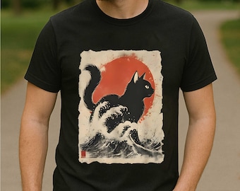 Japans Black Cat Great Wave-T-shirt, Catzilla Art-T-shirt, vintage kattenliefhebbercadeau, uniek dierenshirt