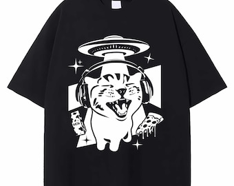 Retro Alien Katze T-Shirt, Vintage Y2K Kätzchen T-Shirt, Lustiges Weltraum Katze Grafik Shirt, 90er Jahre Bootleg UFO Kitty Kleidung