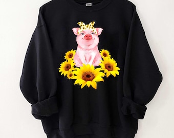 Varken zonnebloem bandana shirt, schattig varkentje grafisch T-shirt, cadeau boerderij dierenliefhebber, boho varken shirt, Happy Piggy sweater