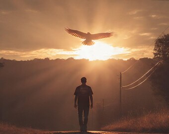 Cartolina cristiana "Cammina per fede" / Stampabile 5x7 / Versetto biblico al tramonto con aquila / Download digitale