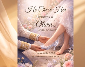 Cartello di benvenuto per addio al nubilato stampabile – Scarpetta di cristallo da fiaba, modello Canva modificabile, download immediato