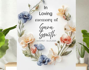 Cartello di benvenuto per il funerale / Manifesto per la celebrazione della vita / Corona commemorativa di fiori selvatici / Download digitale