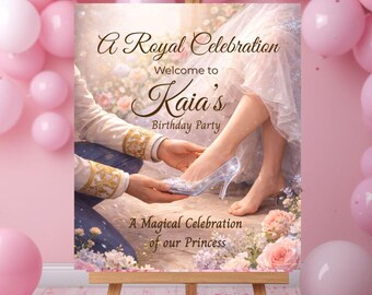 Modello di cartello di benvenuto per il compleanno della principessa, decorazioni modificabili per feste reali, tema principessa / formato stampabile 16x20, 8x10
