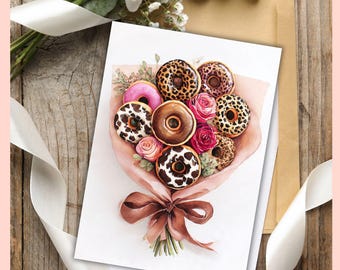 Muttertagskarte | Aquarell Donut Blumenstrauß | Animal Print Rosen (5x7 gefaltet) (Digital Download)