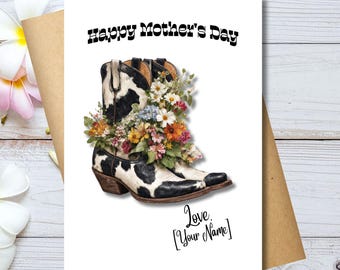 Editierbare Muttertagskarte, Cowgirl-Stiefel Wildblumen, Western Mom (Digitaler Download)