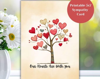 Tarjeta de condolencias imprimible, Nuestros corazones están contigo, Tarjeta de condolencias Árbol de corazones, Tarjeta de duelo por funeral