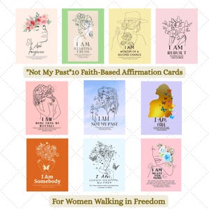 May include: A set of ten faith-based affirmation cards with floral and butterfly illustrations. Each card features a different affirmation, such as "I Am Forgiven" and "I Am Free." The cards are designed for women seeking empowerment and healing.