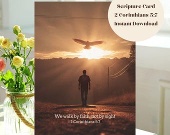 Walk By Faith Christian Card Printable | 2 Corinthians 5:7 Bible Verse | Eagle Sunset Scripture 5x7 Instant Download