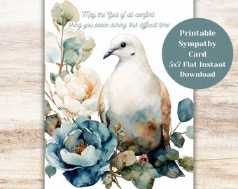 Sympathy Card Printable | With Deepest Sympathy, Bereavement and Funeral Card, Loss of Loved One | Watercolor Bird Design | Digital Download