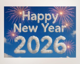 Biglietto di auguri stampabile di Buon Anno 2026 - Cartolina digitale con nuvole e fuochi d'artificio 5x5 - Download immediato di auguri per le feste