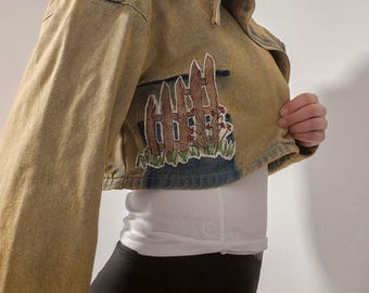 Chaqueta vaquera corta desgastada con temática cottagecore para mujer