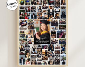 Graduation Photo Collage Portrait Canva Template, Senior Memory Board Poster, Digital Download