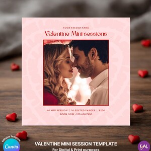 Modello per mini sessioni di San Valentino, fotografia di coppia, marketing sociale quadrato, promozione stampabile, modello Canva, download immediato