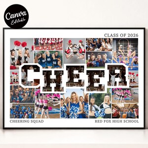 May include: A framed collage featuring the word "CHEER" in large letters, composed of multiple photos of cheerleaders. The collage includes the text "CLASS OF 2026", "CHEERING SQUAD", and "RED FOX HIGH SCHOOL". A black frame surrounds the collage.