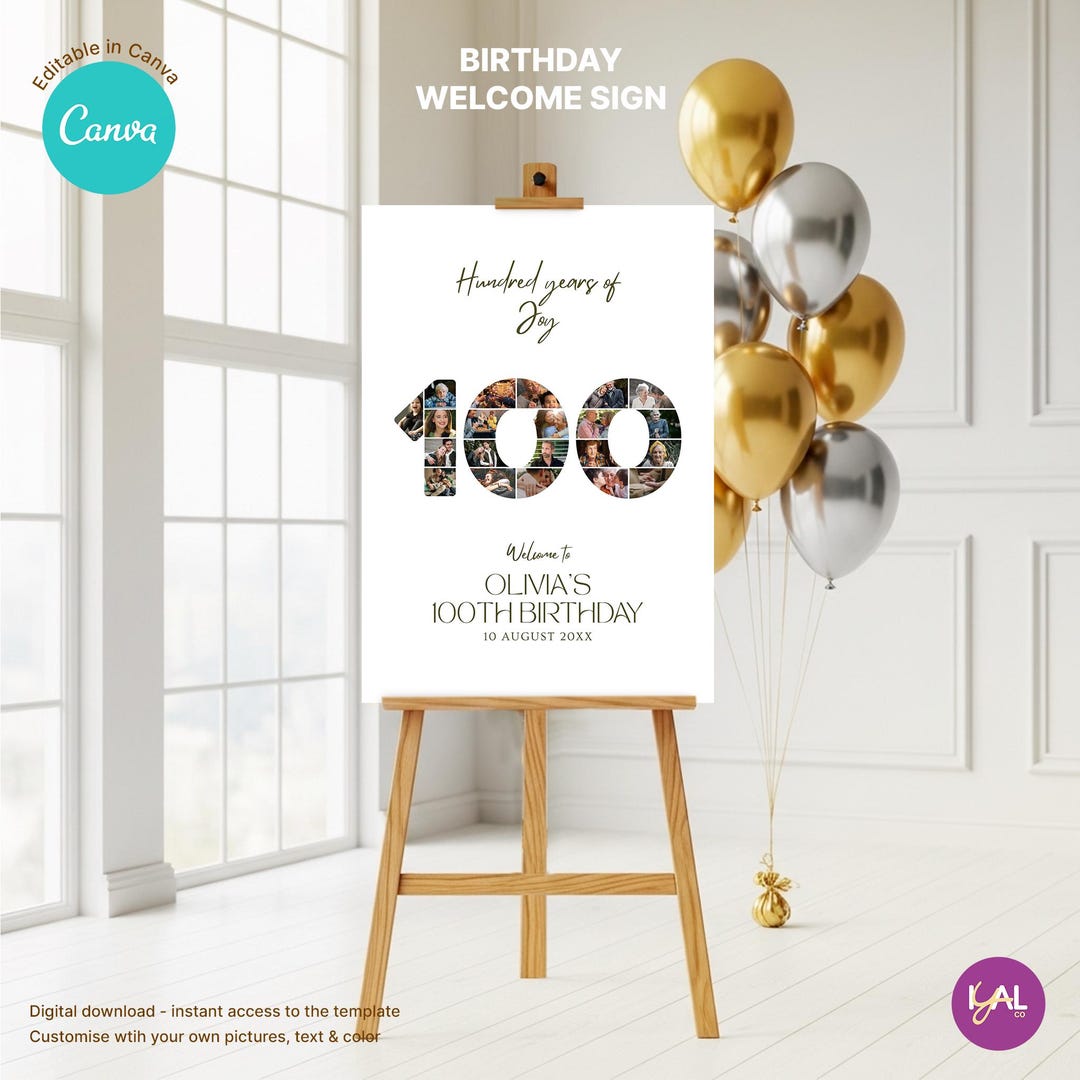 100th Birthday Printable Welcome Sign Canva Template | Editable Photo ...