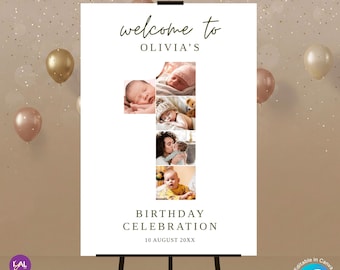 1歳の誕生日フォトコラージュCanvaテンプレート – 編集可能な1歳の誕生日写真ポスター、印刷可能なパーティーデコレーション