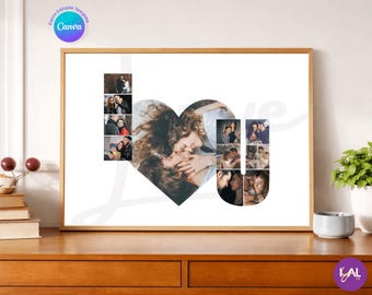 Custom Heart Photo Collage Gift for Him, Editable Canva Template, Digital Anniversary Print