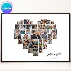 May include: A framed heart-shaped photo collage filled with multiple small photos. The collage includes the names "John & Julie" and the date "01.01.2026" in a handwritten style. The Canva logo is visible in the top left corner.