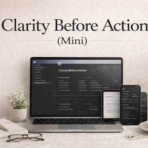 May include: A laptop, tablet, and two smartphones display the text "Clarity Before Action (Mini)". The devices are arranged on a desk with a notebook, pens, glasses, and a cup of coffee. A small plant and vase with flowers are also present.