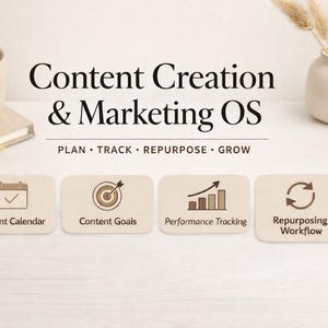 May include: An image with the text "Content Creation & Marketing OS" and the words "PLAN • TRACK • REPURPOSE • GROW." Below are icons labelled "Content Calendar," "Content Goals," "Performance Tracking," and "Repurposing Workflow." A coffee cup, pen, and books are also visible.