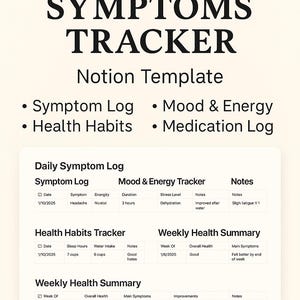 May include: A digital health tracker template with sections for symptom, mood, and medication logs. The template includes a daily symptom log, health habits tracker, and weekly health summary. The design is minimal and aesthetic.