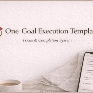 May include: A digital mockup of a goal-setting template on a smartphone, with the text "One Goal Execution Template" and "Focus & Completion System." A cup of coffee and a small plant are also visible.