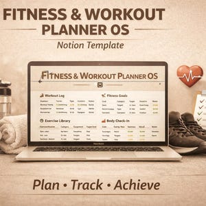 May include: A laptop displaying a fitness planner interface, with a dumbbell, water bottle, towel, sneakers, and a clipboard with checkmarks. The text reads "Fitness & Workout Planner OS" and "Plan • Track • Achieve."