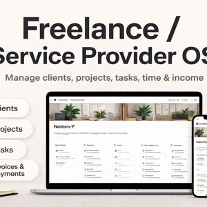 Könnte beinhalten: Ein Laptop und ein Smartphone, die eine Softwareoberfläche anzeigen. Der Bildschirm zeigt den Text "Freelance / Service Provider OS" und "Manage clients, projects, tasks, time & income". Symbole für Clients, Projekte, Aufgaben und Rechnungen & Zahlungen sind ebenfalls sichtbar.