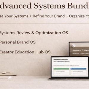 以下が含まれることがあります： 「Advanced Systems Bundle」を宣伝する画像。テキストは「システムを最適化 + ブランドを洗練 + 学習を整理」と表示。画像には、テンプレートを表示するラップトップとタブレット、システムレビュー、パーソナルブランド、クリエイター教育のアイコンが含まれています。