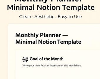 Monthly Planner Notion Template | Minimal Monthly Dashboard, Goals, Budget Tracker, Habit Progress, Reflection & Tasks