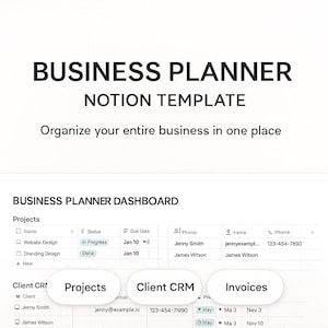 Könnte beinhalten: Eine digitale Business-Planer-Notion-Vorlage mit dem Text "BUSINESS PLANNER NOTION TEMPLATE". Das Planer-Dashboard enthält Abschnitte für Projekte, Kundenbeziehungsmanagement und Rechnungen. Der Text "Organisieren Sie Ihr gesamtes Unternehmen an einem Ort" ist ebenfalls sichtbar.