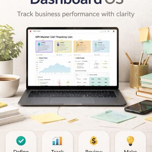 May include: A laptop displaying a business analytics dashboard with the text "Analytics & KPI Dashboard OS." The screen shows charts and data visualizations. Below the laptop are icons labeled "Define KPIs," "Track Metrics," "Review Revenue," and "Make Decisions."