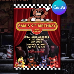 Puede incluir: Una invitación de cumpleaños con un diseño de cortina roja y el texto "9º Cumpleaños de Sam". La invitación presenta personajes de dibujos animados y la frase "¿Puedes sobrevivir?" Incluye dirección, fecha y hora.