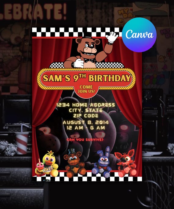 Five Nights at Freddy's-Inspired Editable Birthday Invitation Template (Digital Download, Canva Template)