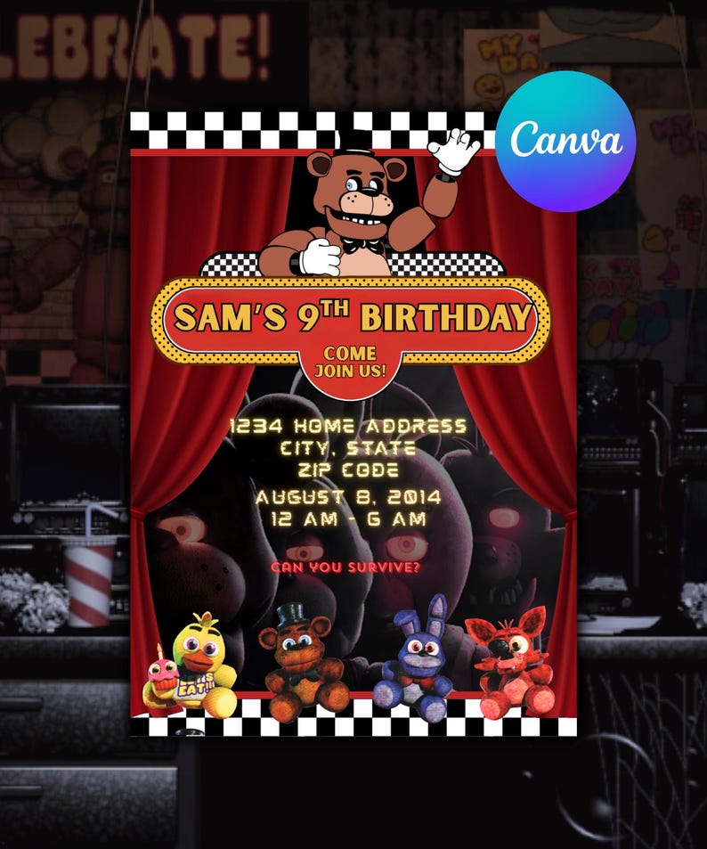 Puede incluir: Una invitaci&oacute;n de cumplea&ntilde;os con un dise&ntilde;o de cortina roja y el texto "9&ordm; Cumplea&ntilde;os de Sam". La invitaci&oacute;n presenta personajes de dibujos animados y la frase "&iquest;Puedes sobrevivir?" Incluye direcci&oacute;n, fecha y hora.